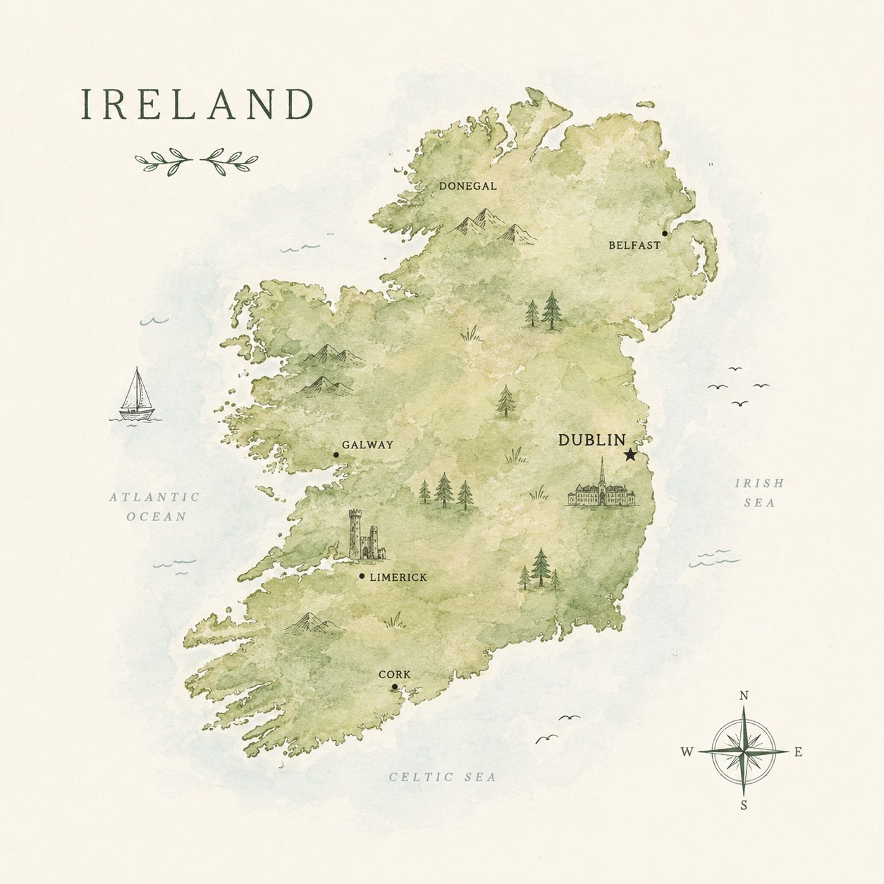 Watercolour map of Ireland