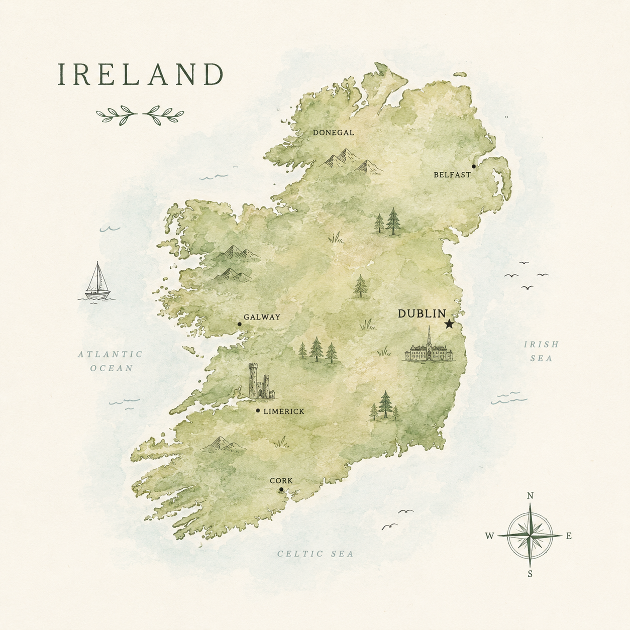 Watercolor map of Ireland showing Dublin, Galway, Cork, Kerry, and western route options