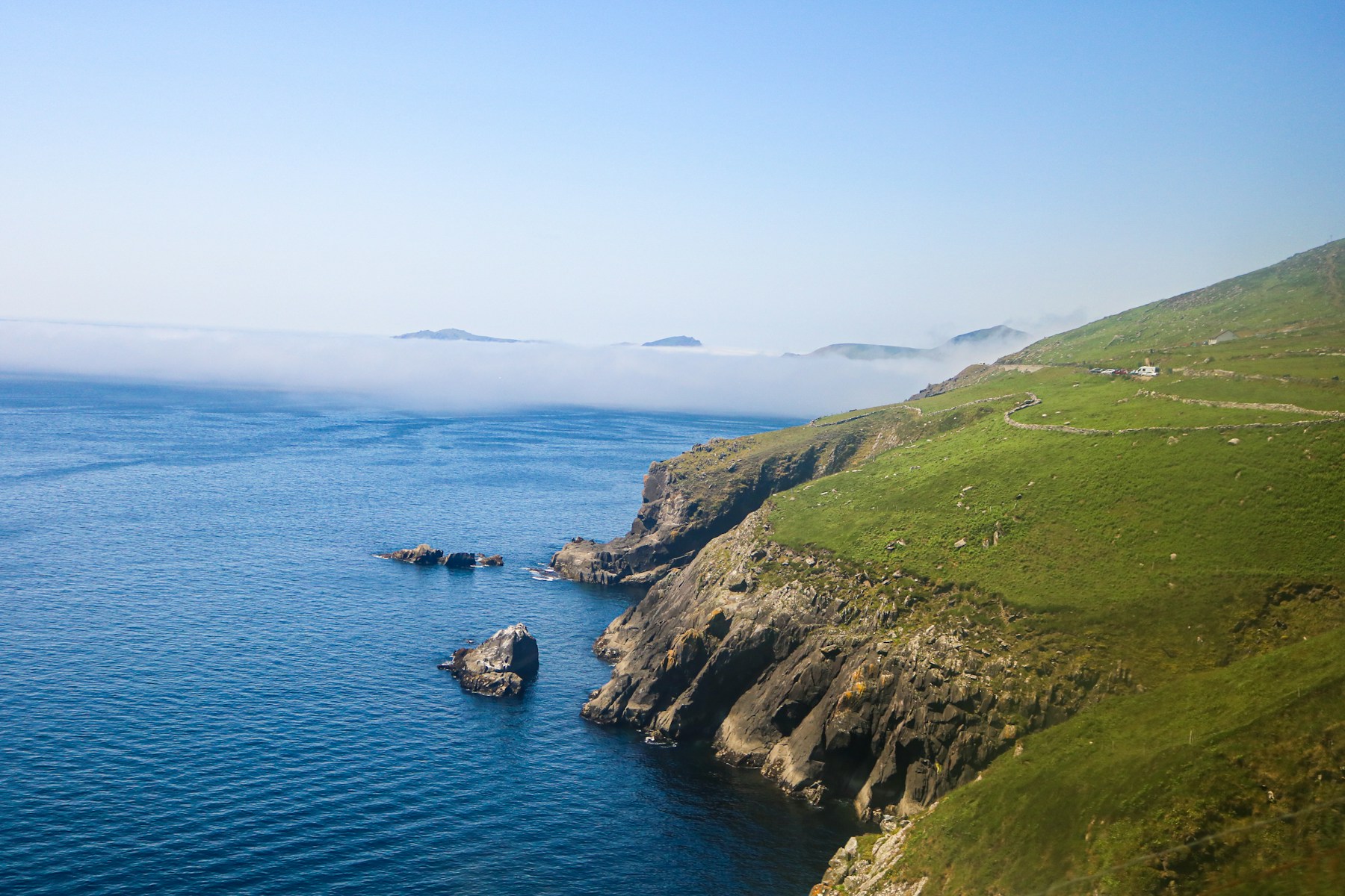 Kerry coastal scenery near Dingle, with green cliffs and Atlantic water